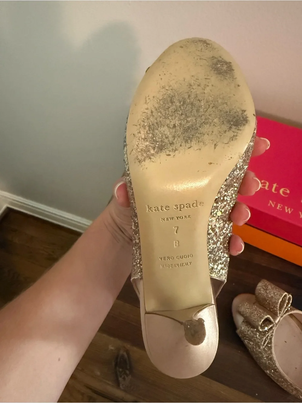 Kate Spade Rose Gold Glitter Slingback Peep-Toe Heels